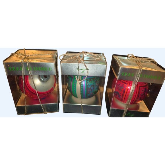 Set Of 3 Vintage Hallmark Mid Mod Tree Trimmer Christmas Ornaments In Box With R - Picture 1 of 15